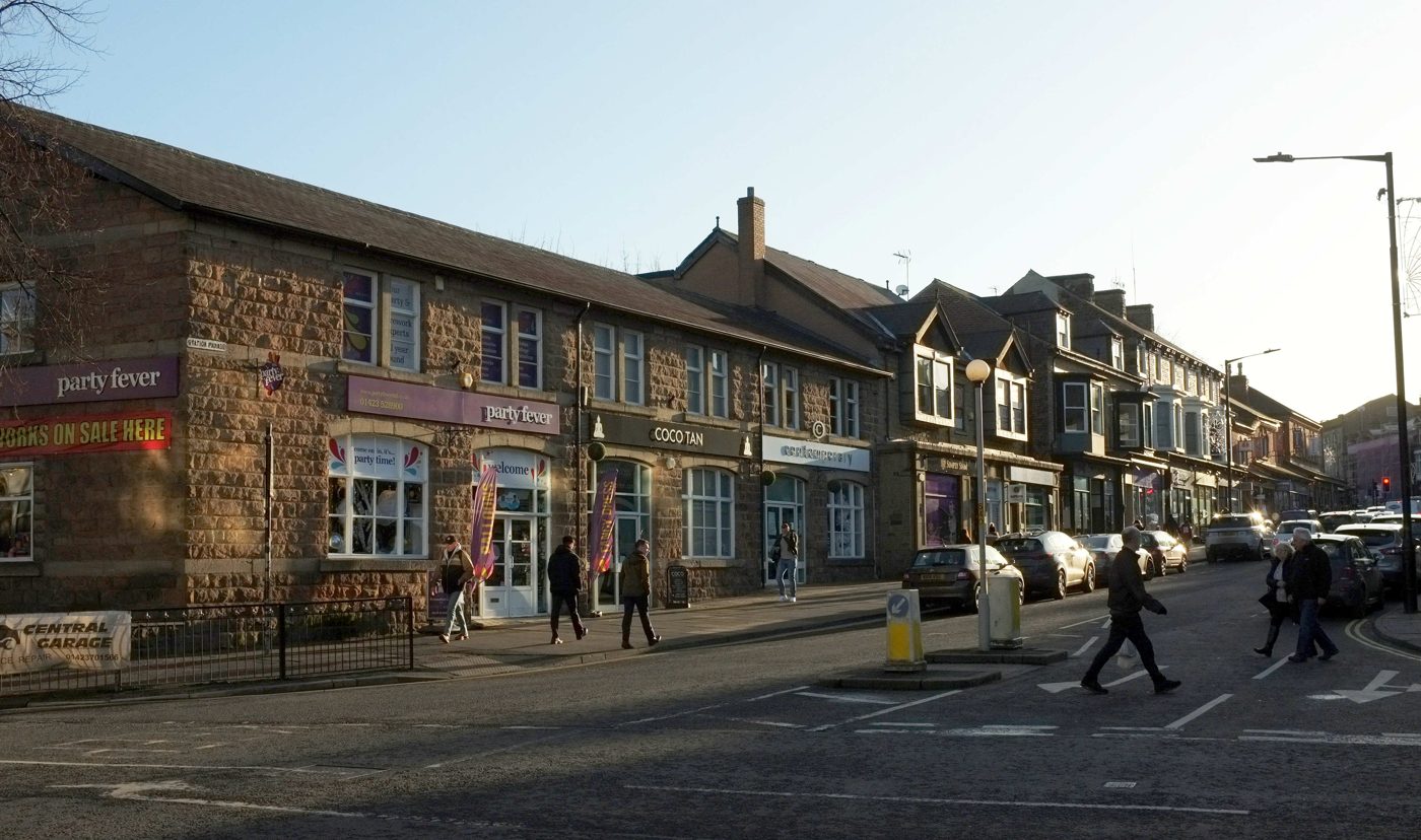 Looking down the parade towards Harrogate station. The Jubilee Memorial commemorates Queen Victoria’s 1887 golden jubilee, the year Edwin Raworth opened his practice.